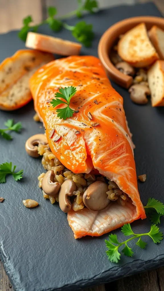 A beautifully plated salmon fillet stuffed with mushroom and wild rice, garnished with parsley, served with toasted bread.