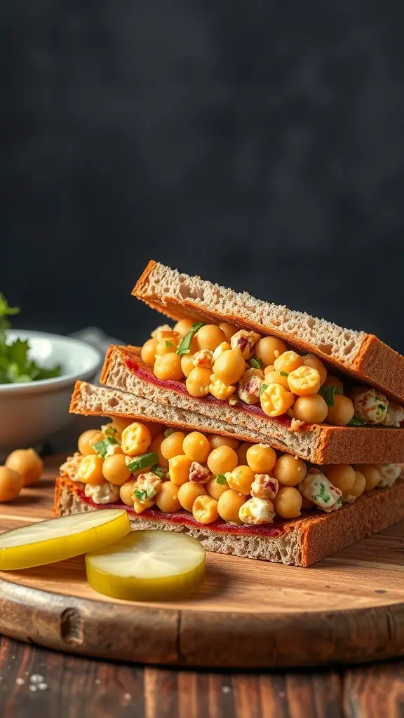A close-up of a chickpea salad sandwich stacked on a wooden board with pickles on the side.