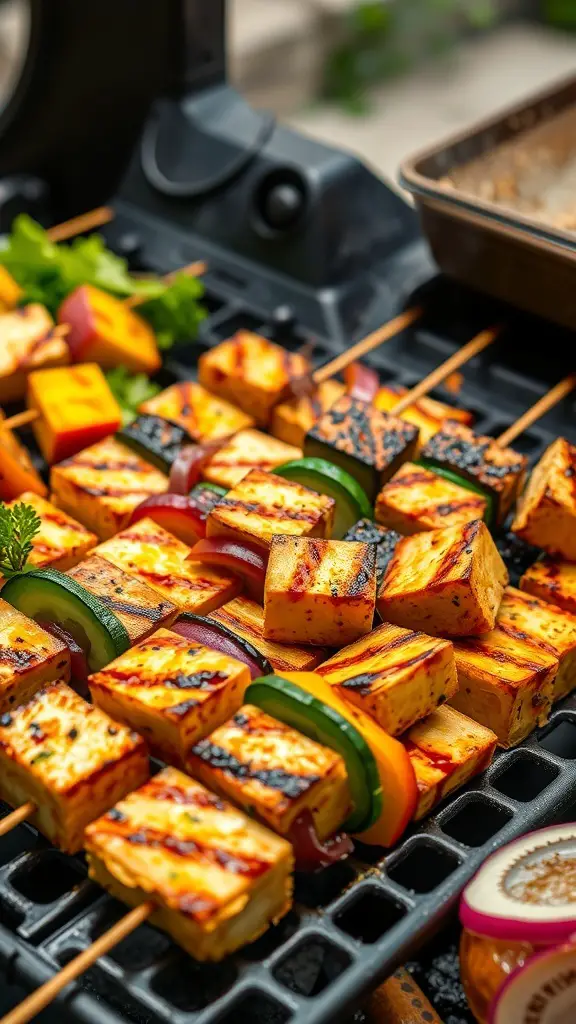 Grilled tofu and vegetable skewers on a grill