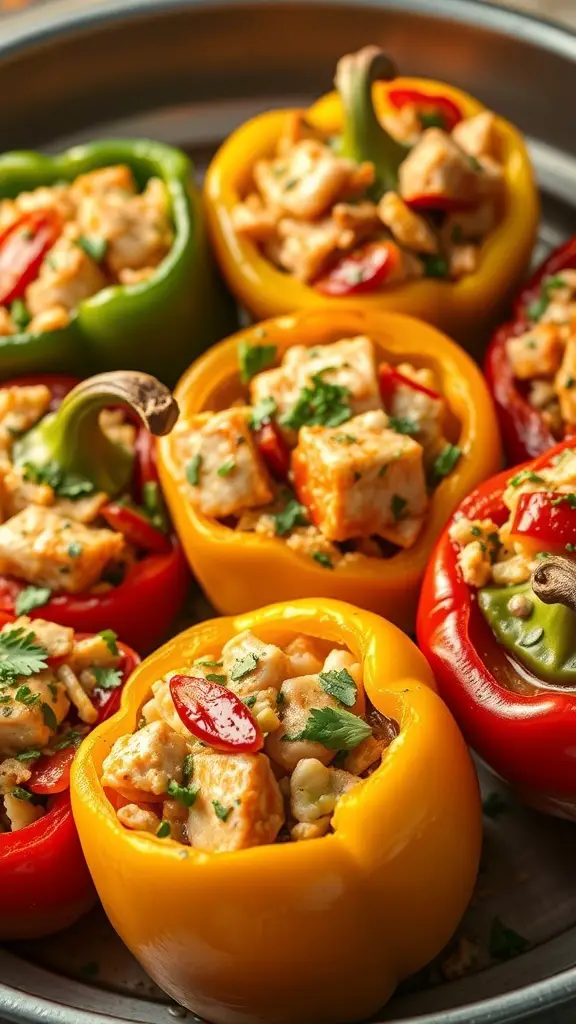 Colorful bell peppers stuffed with salmon and vegetables