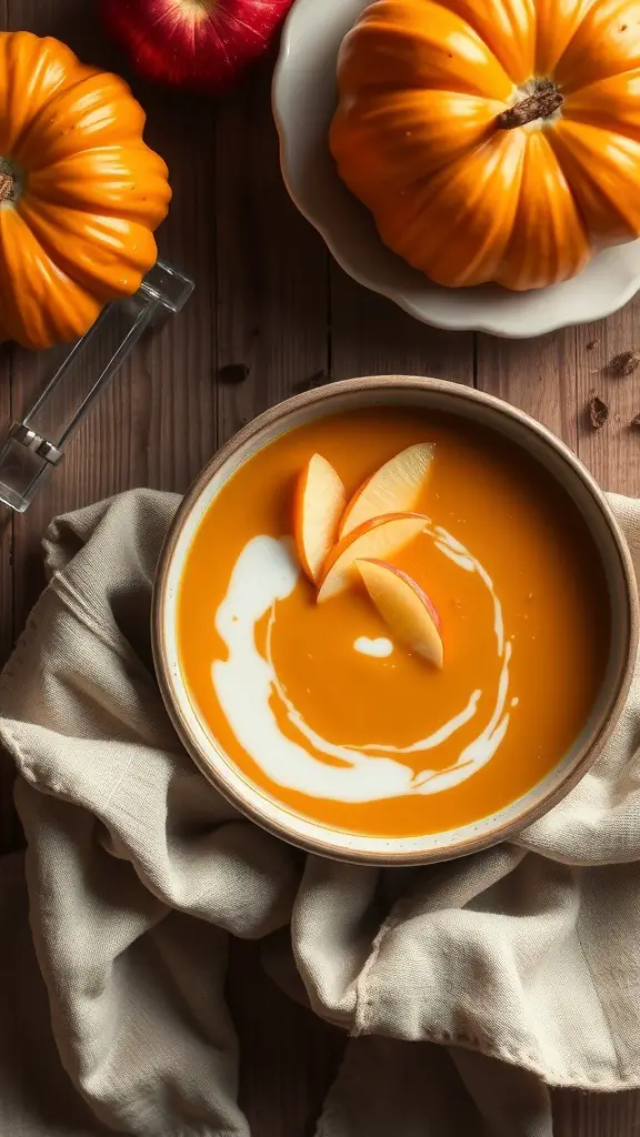 A bowl of creamy butternut squash and apple soup garnished with apple slices, surrounded by pumpkins and apples.