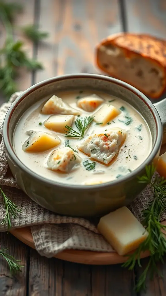 A bowl of fish chowder with potatoes and dill, accompanied by a slice of bread.