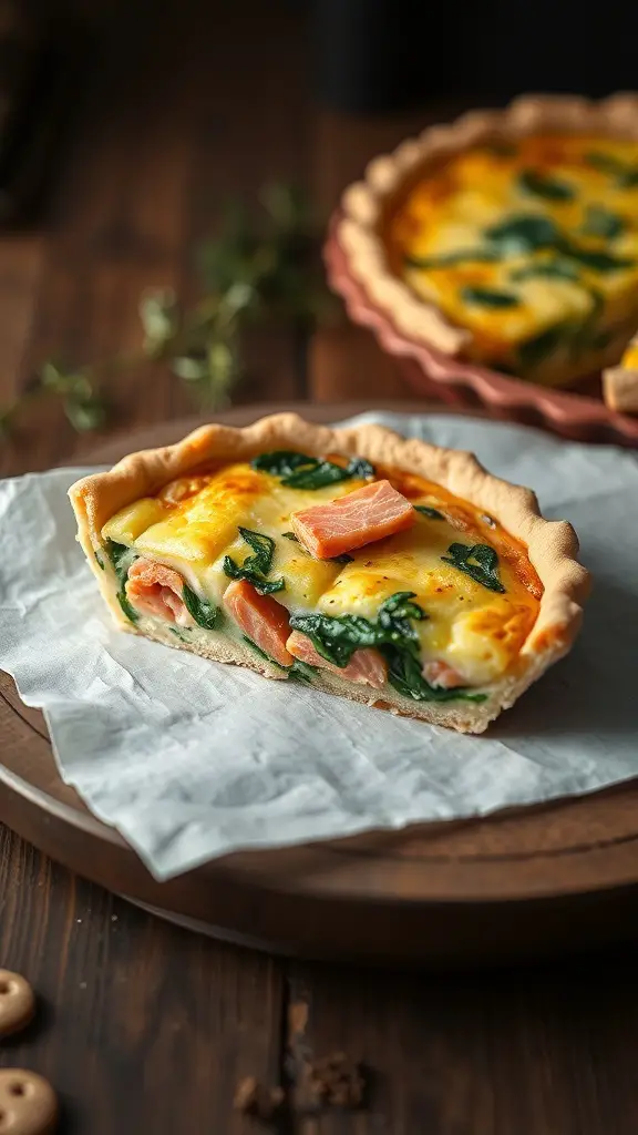 A slice of salmon quiche with spinach on a wooden board, showcasing a golden crust and creamy filling.