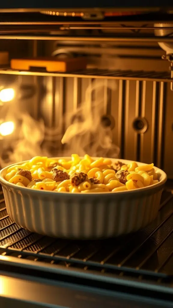 A delicious hamburger macaroni casserole baking in the oven, with steam rising and a golden top.