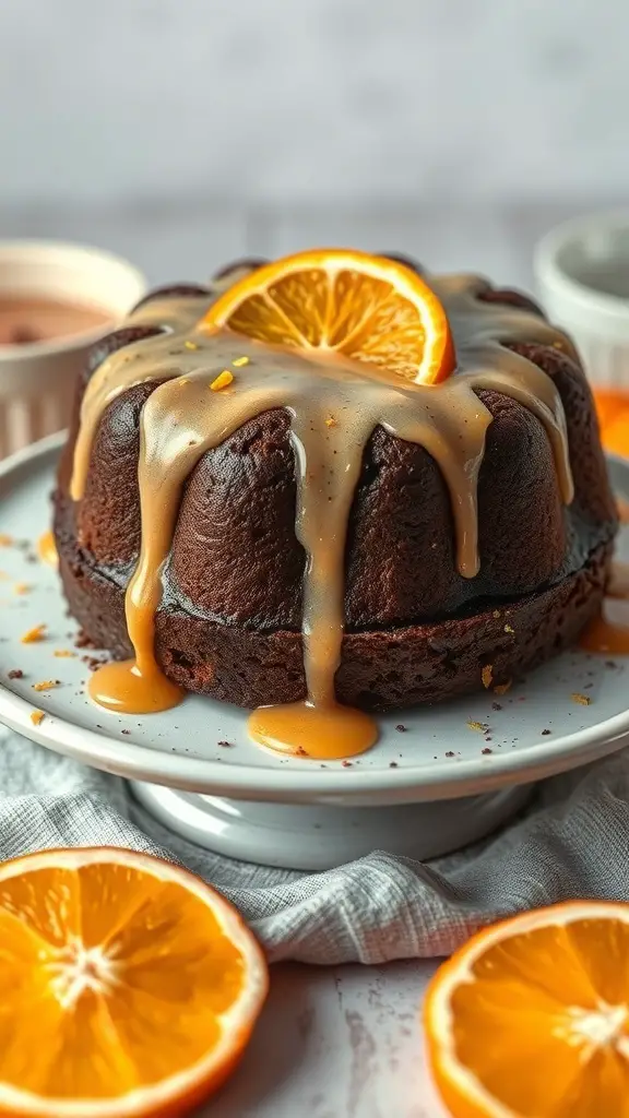Chocolate orange cake with citrus glaze and orange slices on top