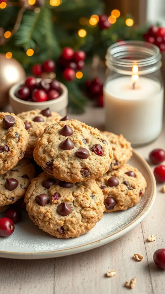 A plate of Chocolate Chip Cranberry Oatmeal Cookies with cranberries and a candle in the background.