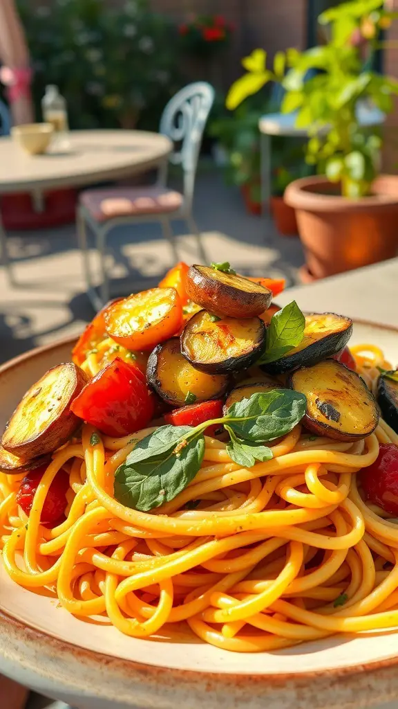 A plate of spaghetti topped with roasted vegetables including zucchini, bell peppers, and cherry tomatoes.