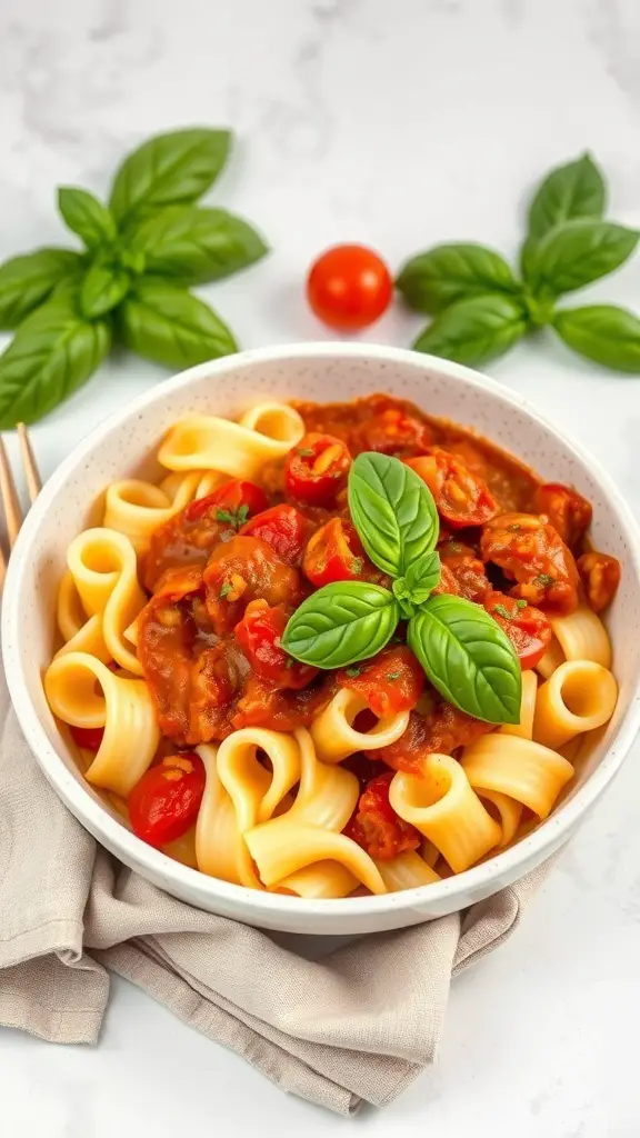 Bowl of macaroni pasta with roasted tomato sauce, garnished with fresh basil leaves.