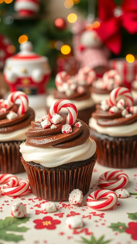 Chocolate peppermint cupcakes decorated with candy canes and festive toppings