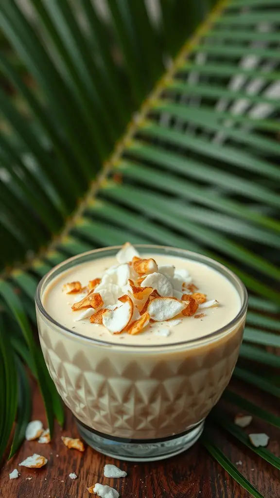 Smoothie bowl topped with coconut flakes and surrounded by green leaves
