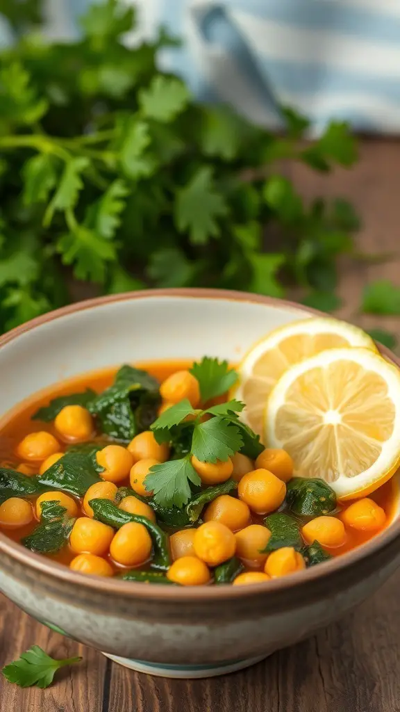 A bowl of chickpea and spinach stew garnished with lemon slices and cilantro.