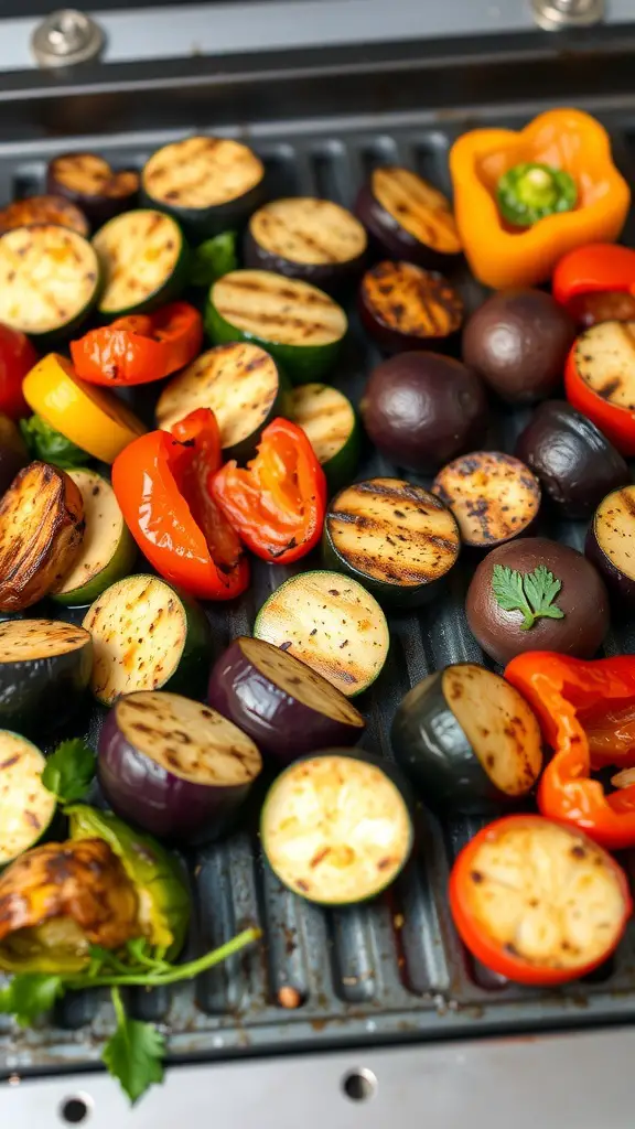 A colorful assortment of grilled vegetables on a griddle, including bell peppers, eggplants, and zucchini.
