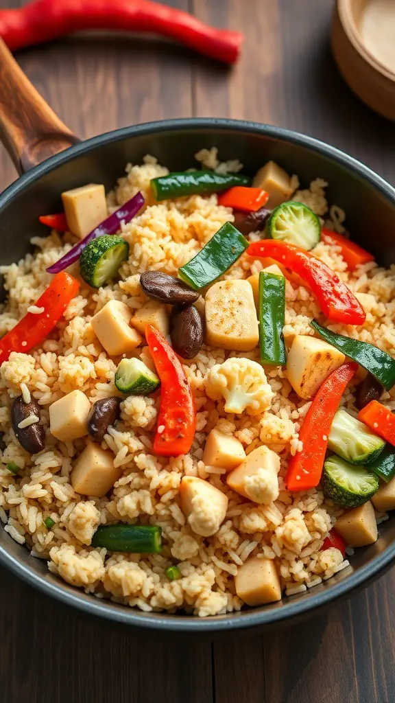 A colorful stir-fry with cauliflower rice, tofu, and assorted vegetables in a black pan.