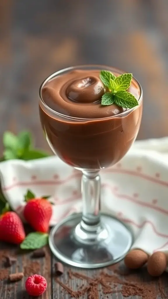 A glass of low-sugar chocolate mousse topped with mint leaves, surrounded by fresh strawberries and raspberries.