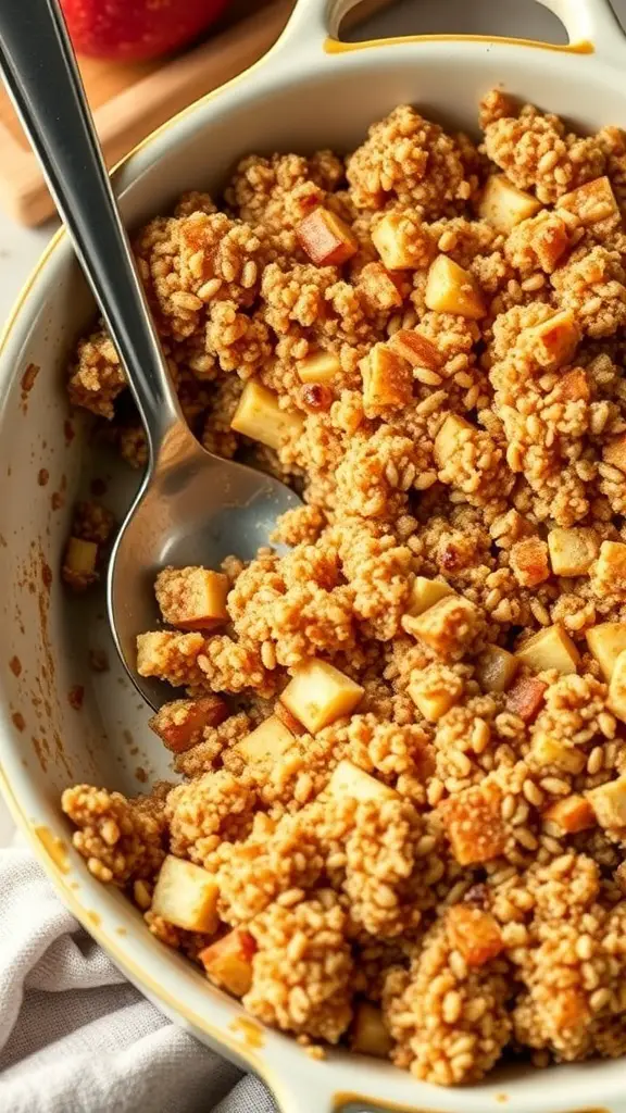 A close-up of a dish filled with apple cinnamon quinoa bake, showcasing a crumbly texture with pieces of apple.