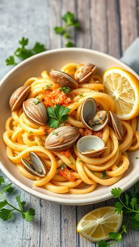 A bowl of cavatappi pasta with clams, garnished with parsley and a lemon slice.