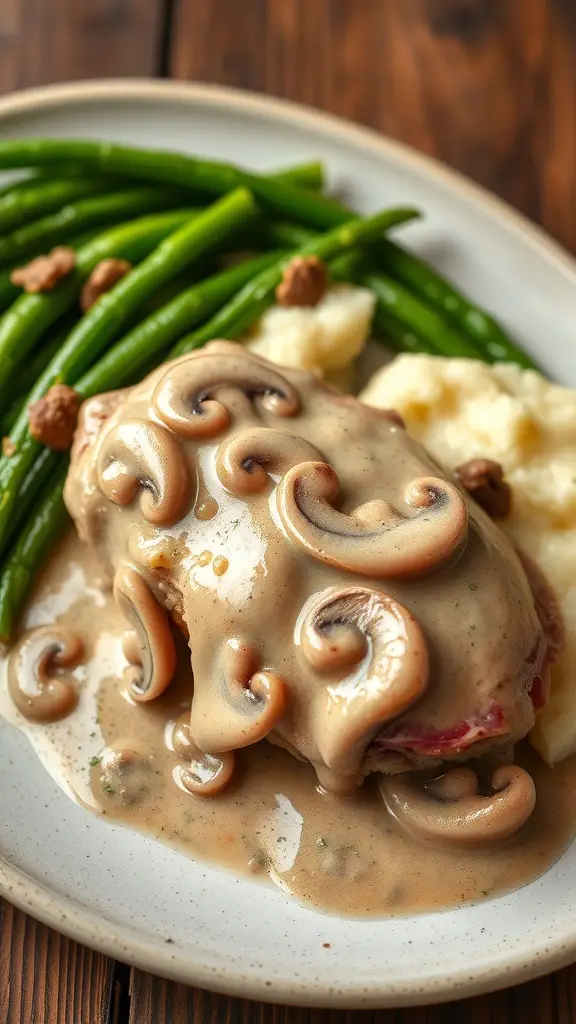 Turkey thighs with mushroom gravy served with green beans and mashed potatoes