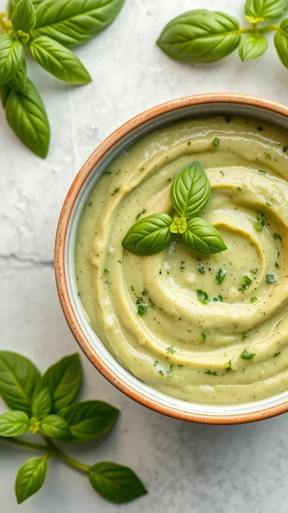 A bowl of creamy zucchini and basil puree garnished with fresh basil leaves.