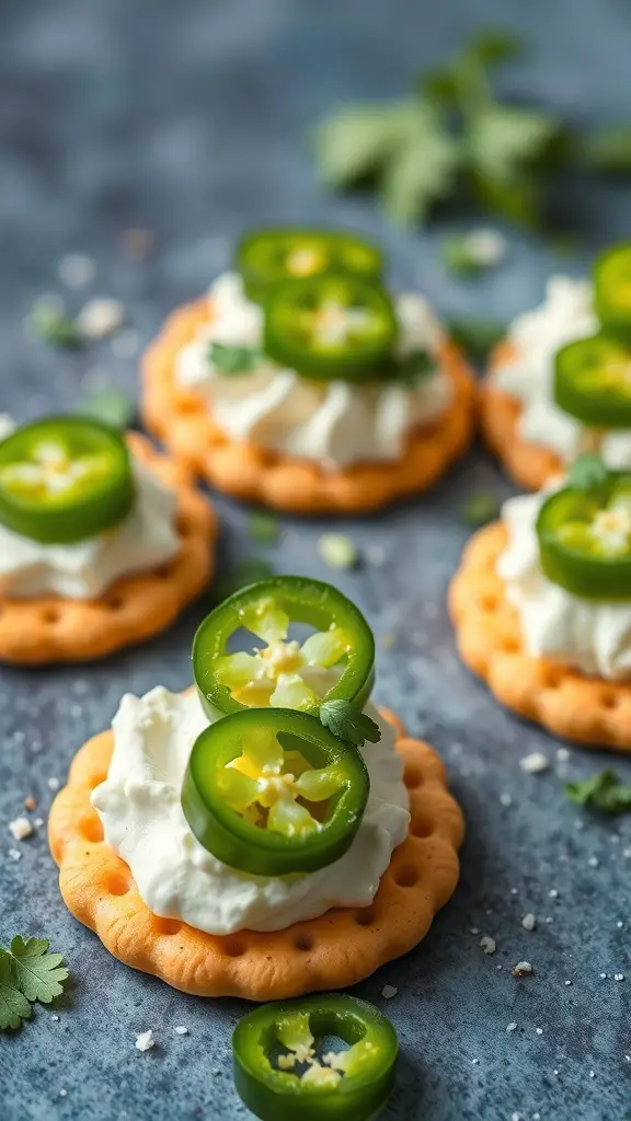Ritz crackers topped with jalapeño cream cheese and fresh jalapeño slices