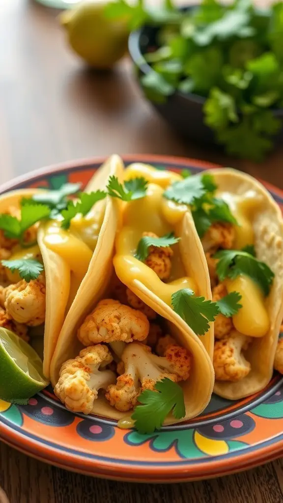 A plate of cauliflower tacos topped with cilantro and a creamy sauce, with lime wedges on the side.
