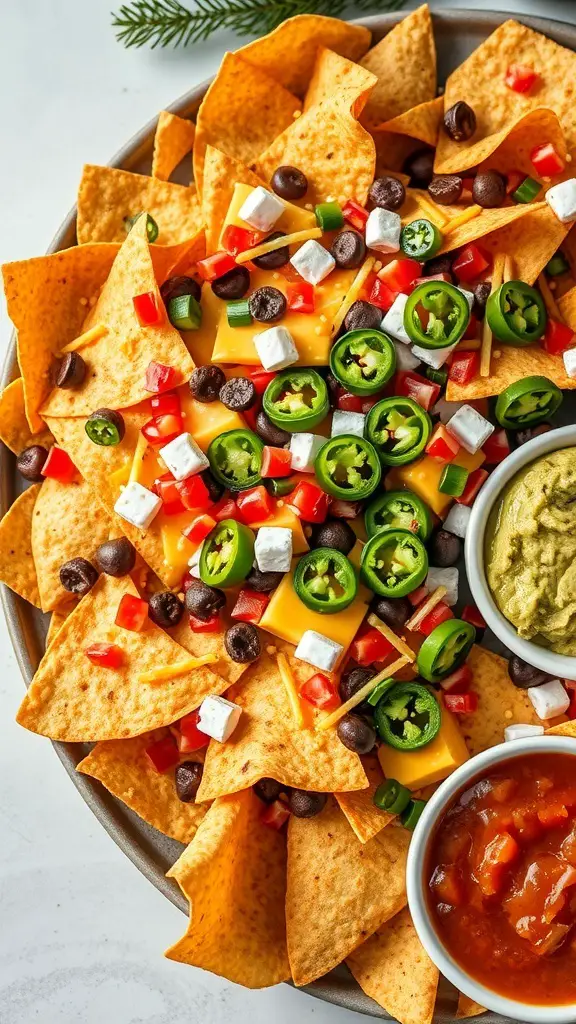 A colorful holiday-themed nacho platter with tortilla chips, cheese, jalapeños, tomatoes, olives, and dipping sauces.