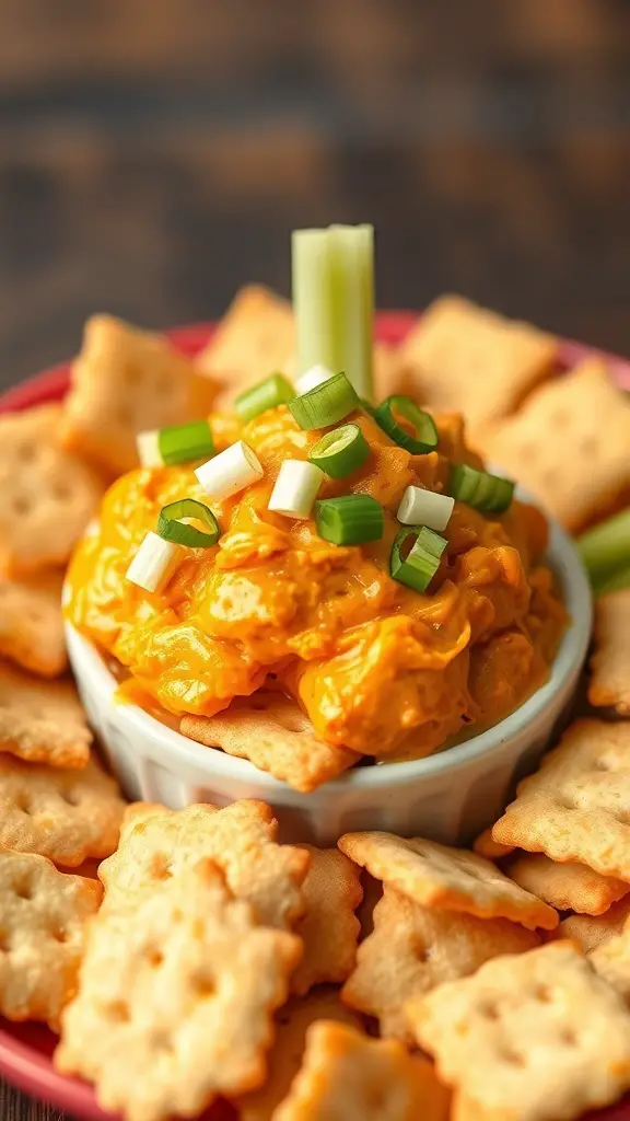 A bowl of buffalo chicken dip surrounded by Ritz crackers, garnished with green onions and celery.