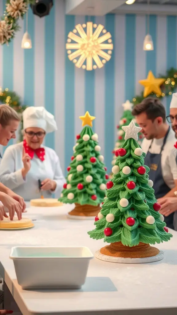 Bakers creating festive Christmas tree cakes in a cheerful baking competition setting.