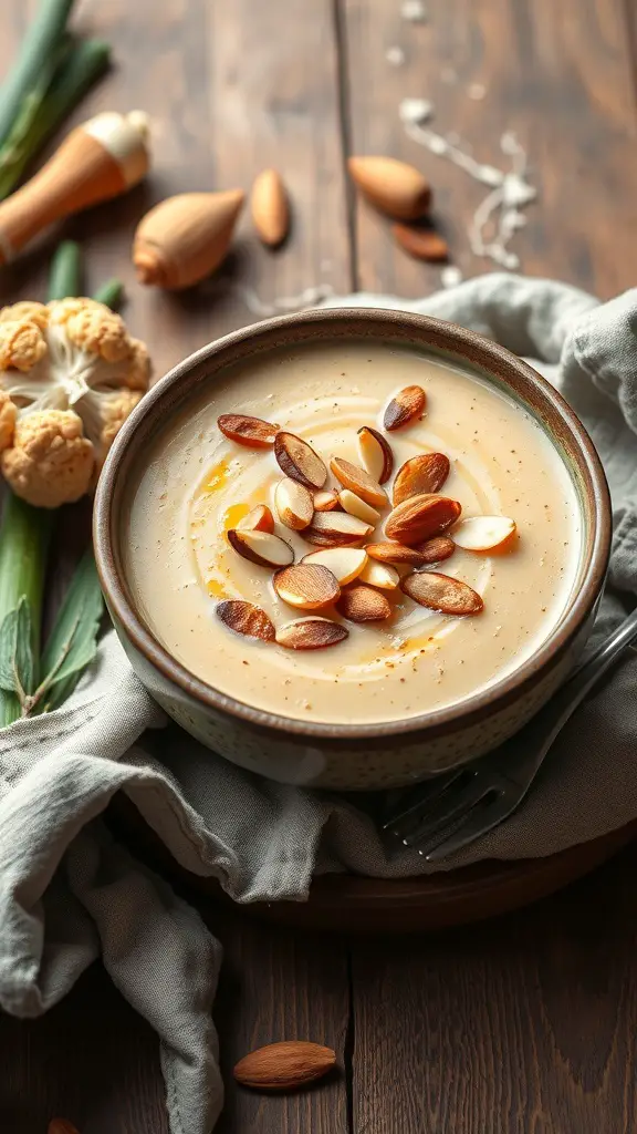 A bowl of creamy cauliflower and leek soup topped with toasted almonds, surrounded by fresh ingredients.