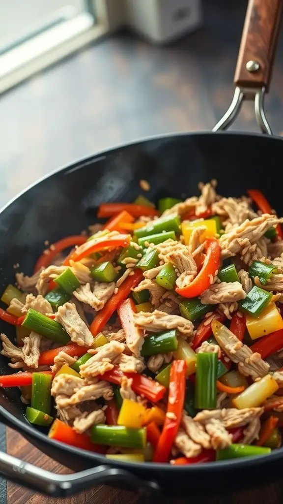 A colorful stir-fry featuring shredded turkey and a mix of bell peppers and green onions in a black wok.