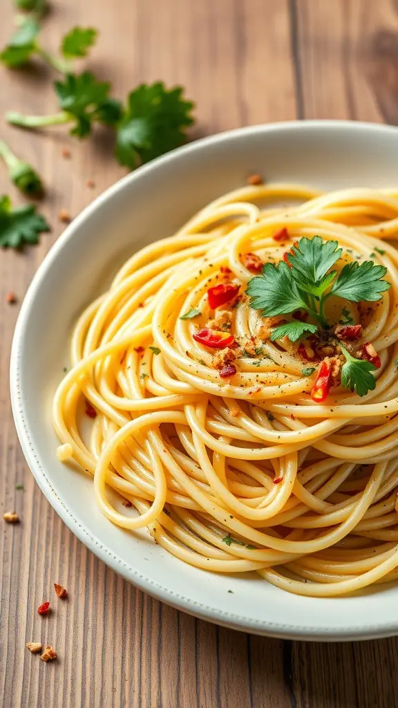 A plate of Spaghetti Aglio e Olio garnished with parsley and red pepper flakes.