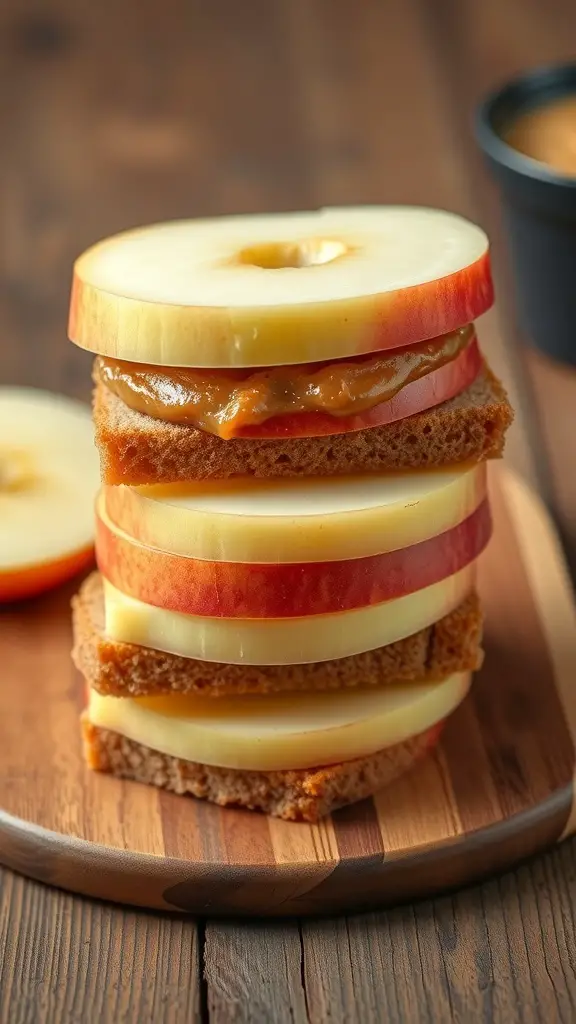 Stack of apple slices with almond butter and whole grain bread on a wooden board