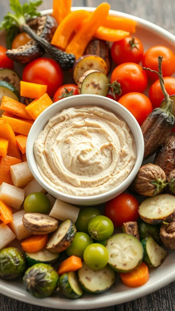 A colorful platter of roasted vegetables and hummus, featuring bell peppers, zucchini, cherry tomatoes, and a creamy dip.