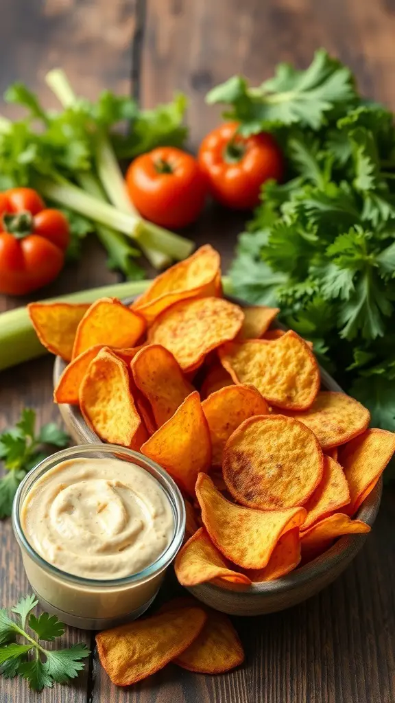 A bowl of veggie chips next to a dish of hummus, with fresh tomatoes, celery, and cilantro in the background.