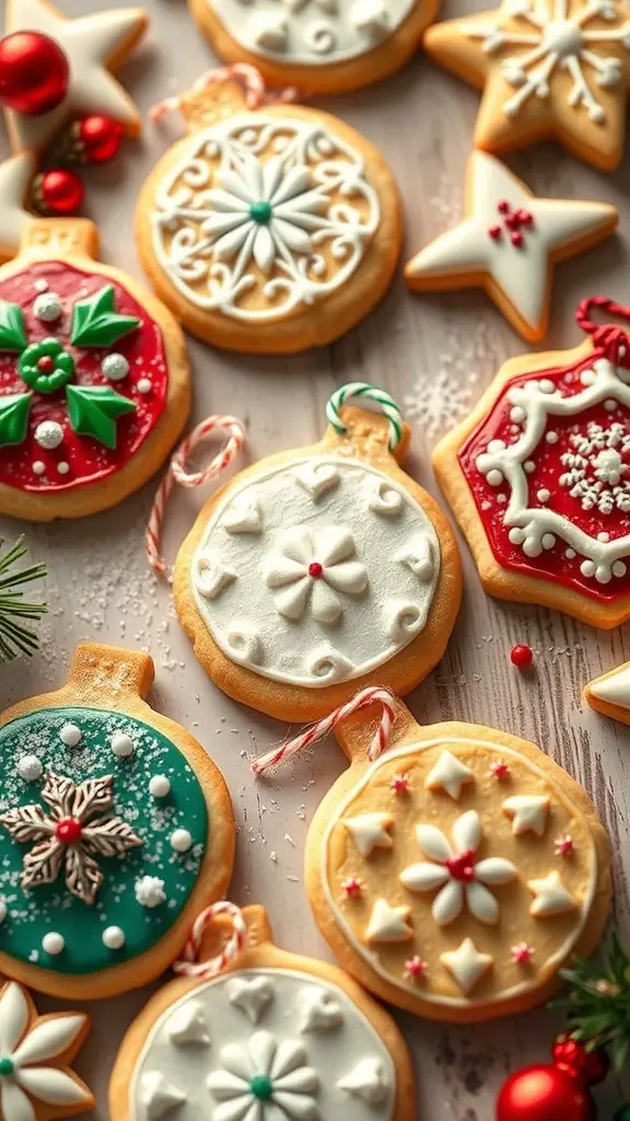 A variety of decorated ornament-shaped sugar cookies in festive colors.