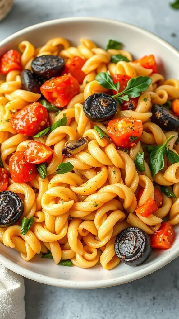 A bowl of fusilli pasta with roasted vegetables, including tomatoes and black olives, garnished with fresh herbs.