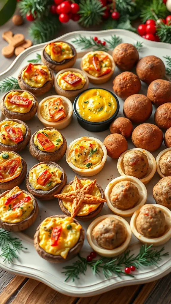 A festive Christmas platter with savory appetizers including mini quiches, a creamy dip, and round bites.