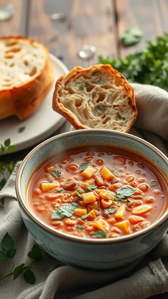 A bowl of spicy lentil soup with potatoes and herbs, accompanied by a piece of crusty bread.