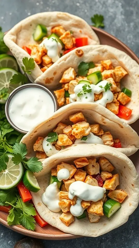Three Mediterranean chicken pita wraps filled with diced chicken, peppers, and sauce, served with lime and cilantro.