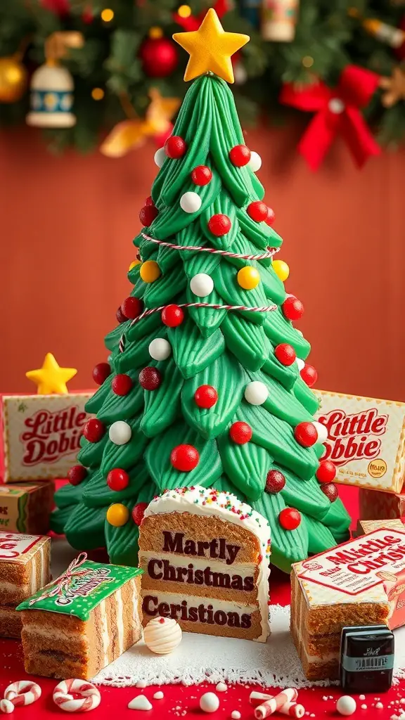 A festive display of Little Debbie Christmas Tree Cakes, featuring a green cake tree and various holiday-themed treats.