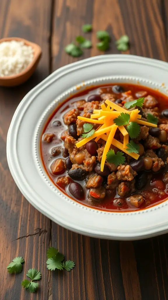 A bowl of beef and black bean chili topped with cheese and cilantro, served on a wooden table.