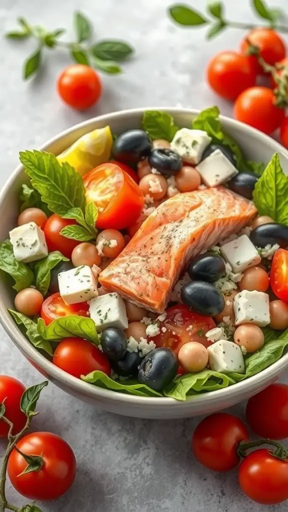 A colorful Mediterranean salad featuring salmon, feta cheese, cherry tomatoes, olives, and fresh greens.