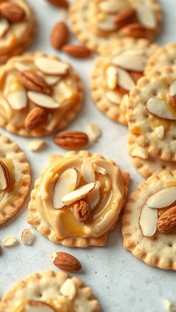 Crispy crackers topped with almond butter and honey, garnished with almonds.
