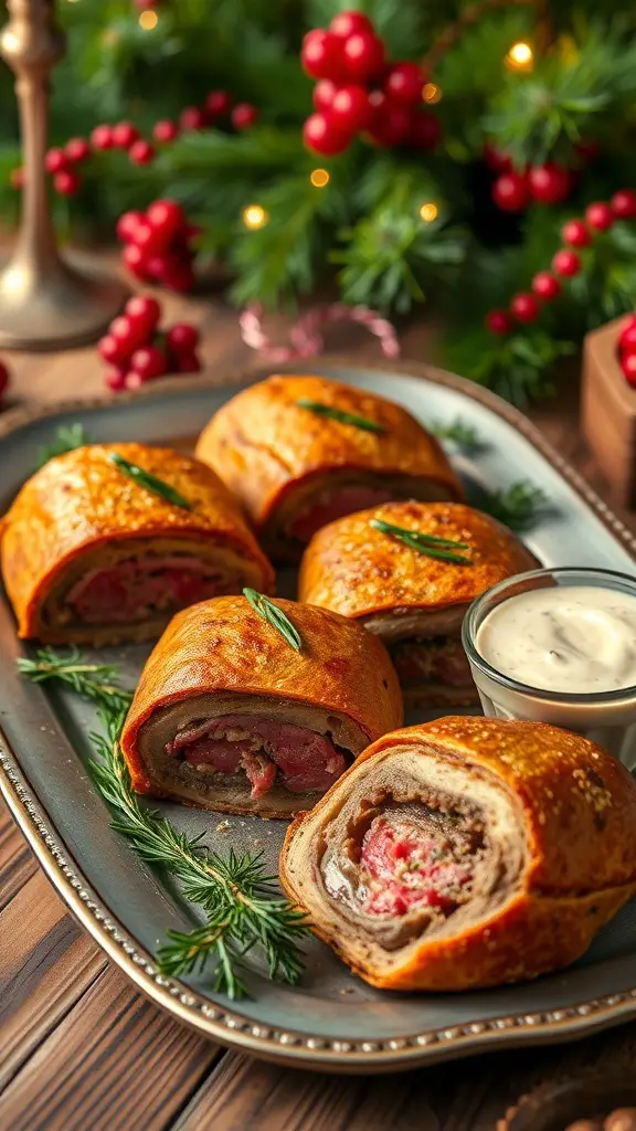 A platter of Mini Beef Wellington Bites with a side of dipping sauce, decorated with rosemary and festive greenery.