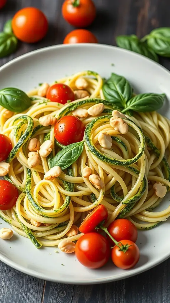 A plate of zucchini noodles with pesto, cherry tomatoes, and pine nuts.