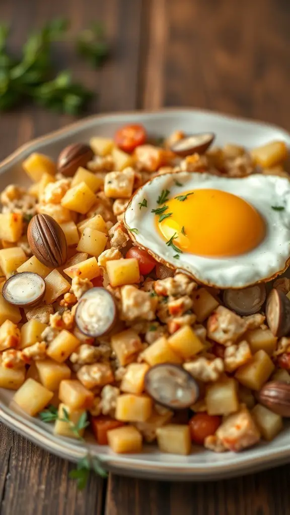 A plate of clam and potato hash topped with a fried egg, featuring diced potatoes, clams, and colorful vegetables.