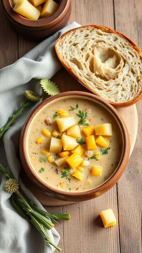 A bowl of vegetable chowder with corn, topped with diced potatoes and herbs, alongside a slice of bread.