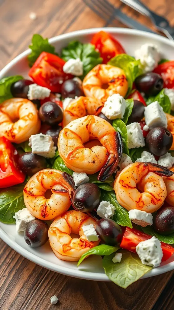 A plate of Greek salad with grilled shrimp, olives, tomatoes, and feta cheese on a wooden table.