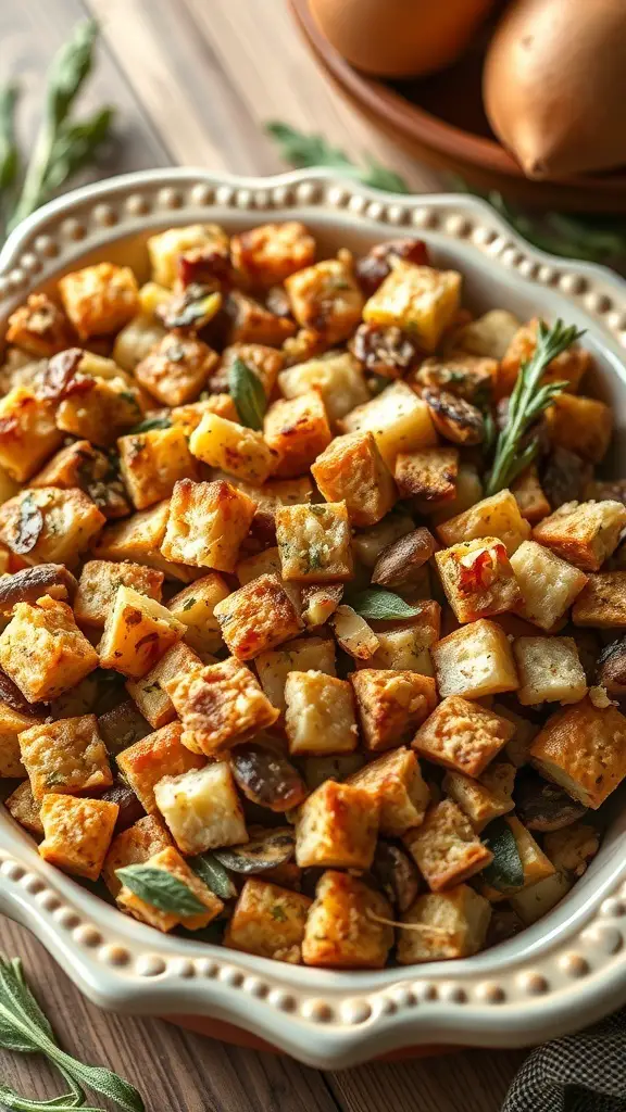 Savory stuffing with sage in a decorative bowl
