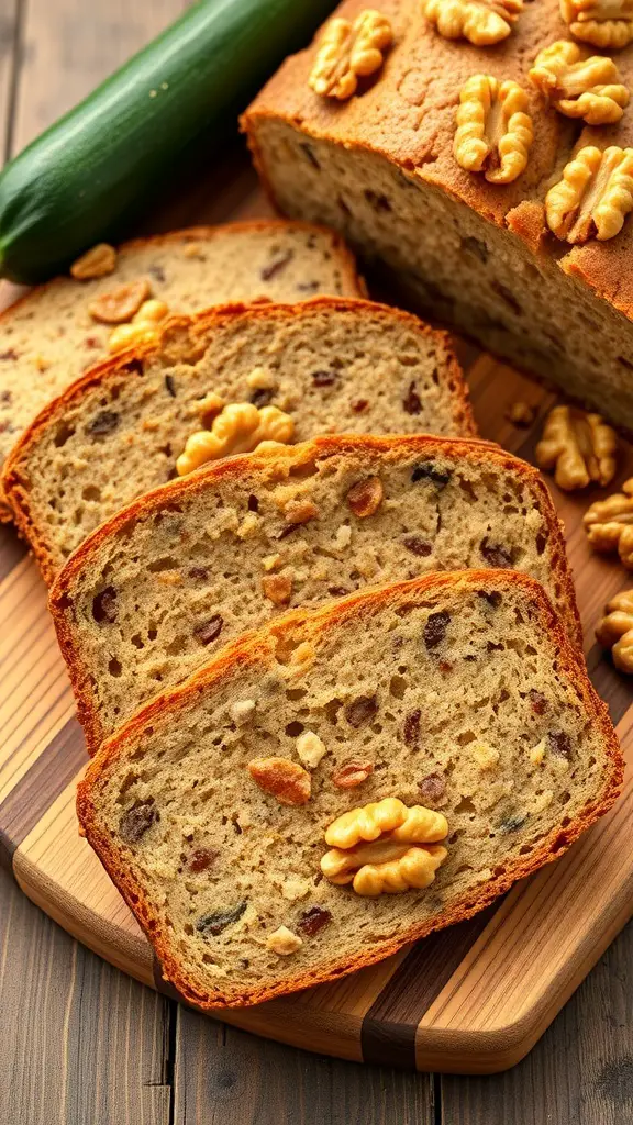 Sliced zucchini bread with walnuts on a wooden cutting board, with a whole zucchini beside it.