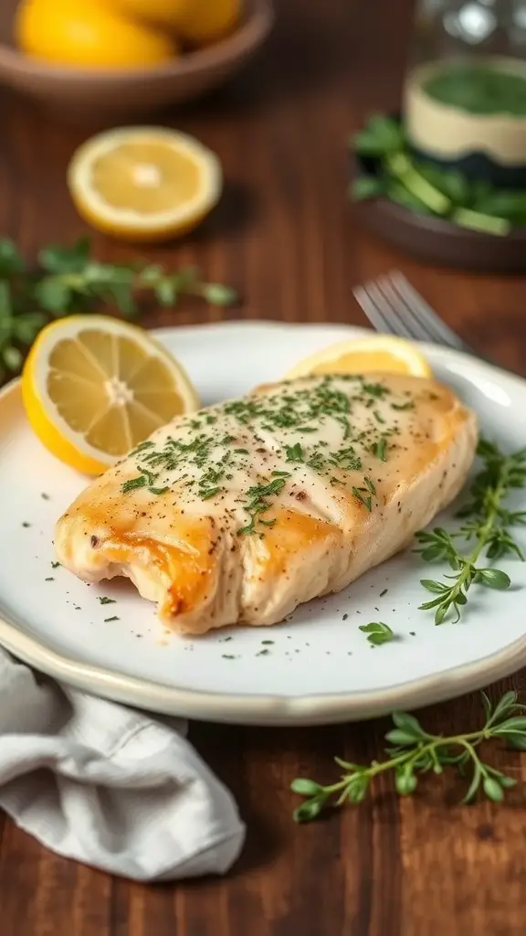 Baked Lemon Herb Chicken Breast garnished with herbs and lemon slices